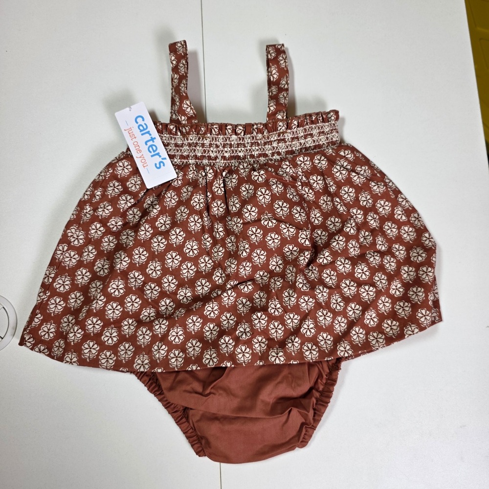 Carter's Just One You Baby Girl 18M Rust Brown Floral Smocked Top Diaper Cover
